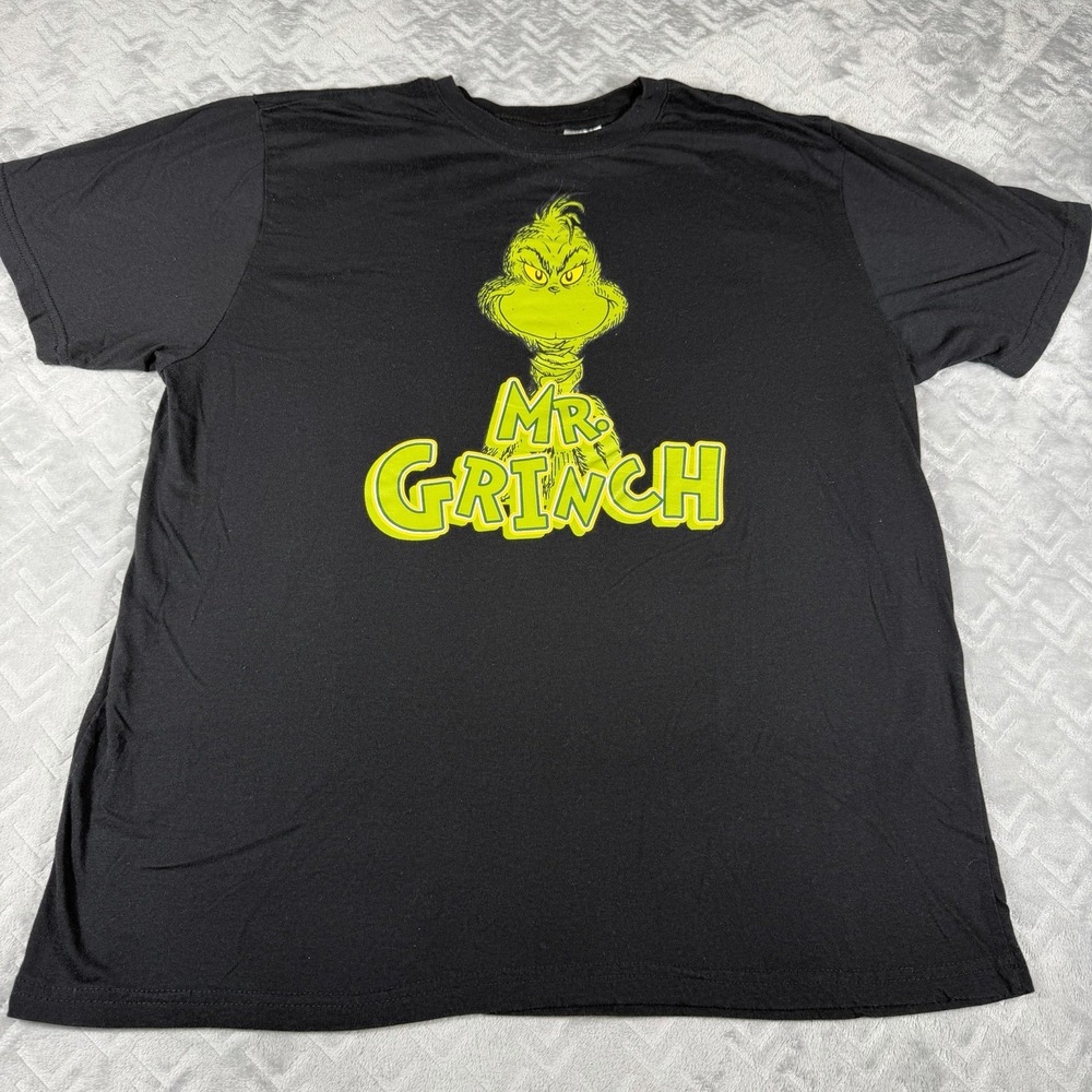 Dr. Seuss Men Mr Grinch XL Graphic T-Shirt Black Neon Lime Green Character Tee